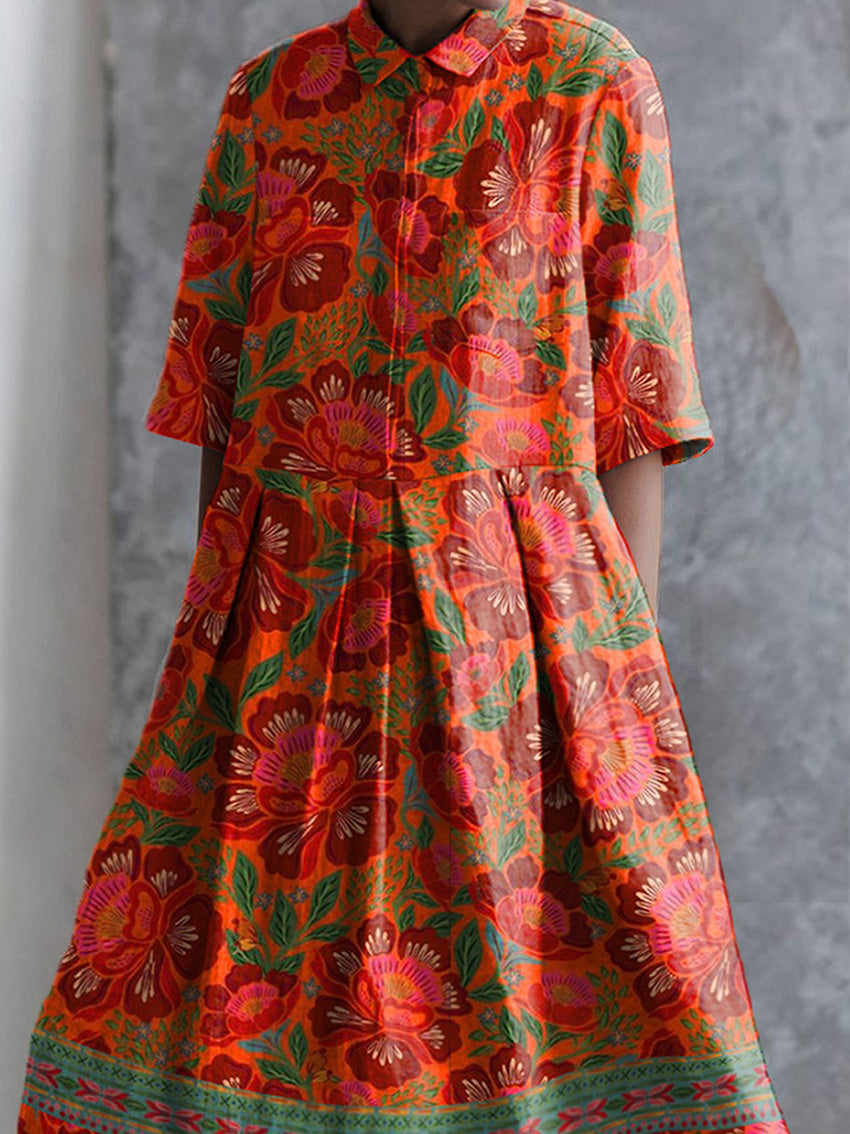 Ethnic Style Summer Floral Pattern Printed Women's Pocket Cotton Dress