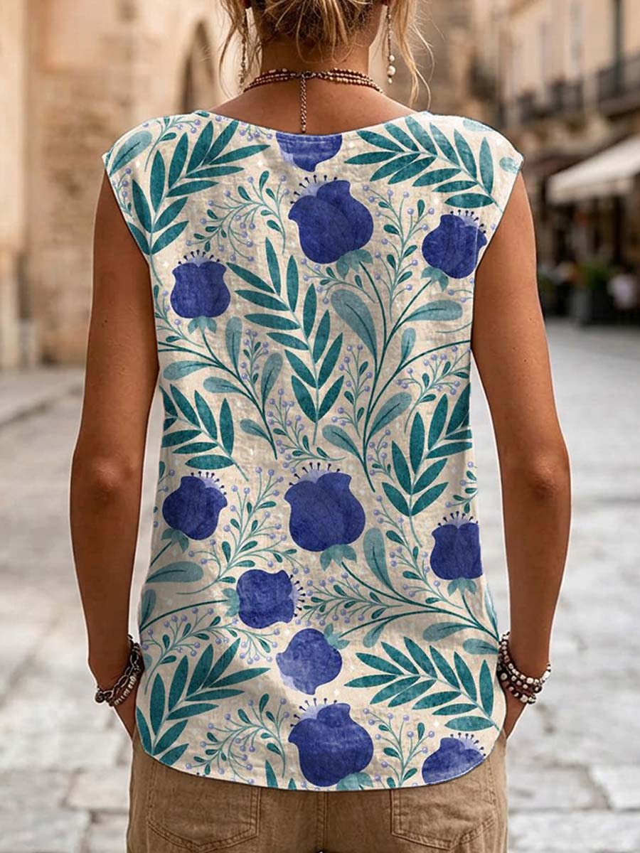 Women's Floral Pattern Art Print Casual Sleeveless Cotton Shirt