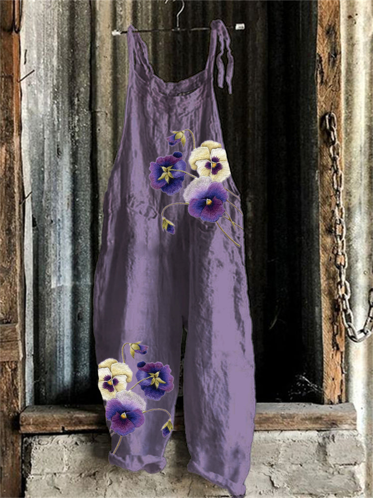 Classy Pansy Flowers Embroidered Loose Fit Jumpsuit