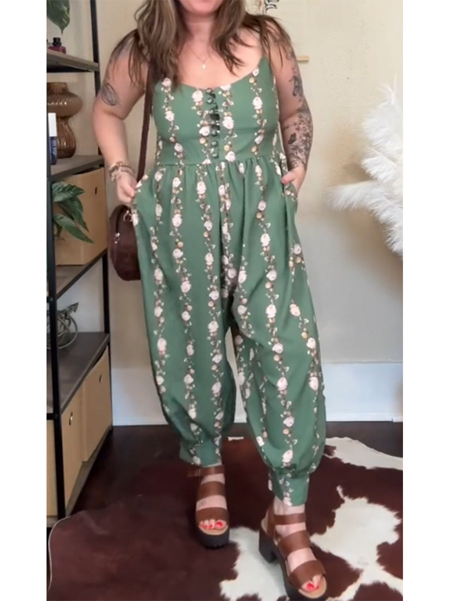 Women's Green floral Print Casual 100% Cotton Jumpsuit