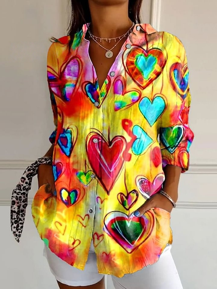 Women's Heart Art Leave Print Casual Cotton Shirt