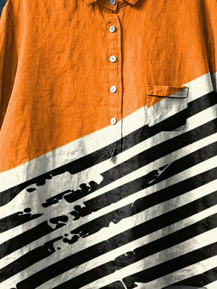 Women's Abstrct Art Print Casual Cotton And Linen Shirt