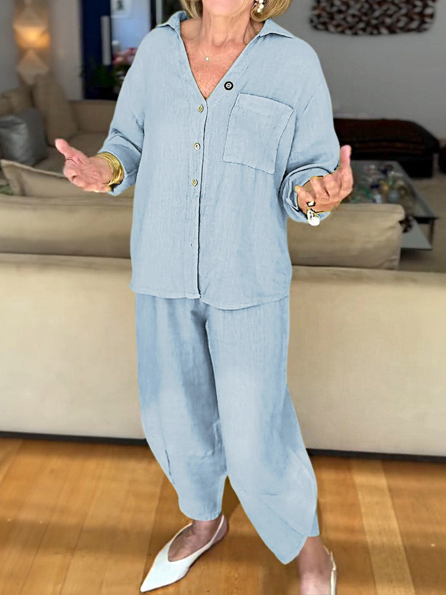 Women's Solid Color V-Neck Long Sleeve Casual Cotton and Linen Shirt with Elastic Waist Casual Cotton and Linen Cropped Pants Set