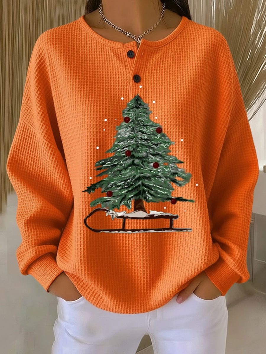 Women's Vintage Christmas Tree Art Print Casual Waffle Henry Collar Sweatshirt