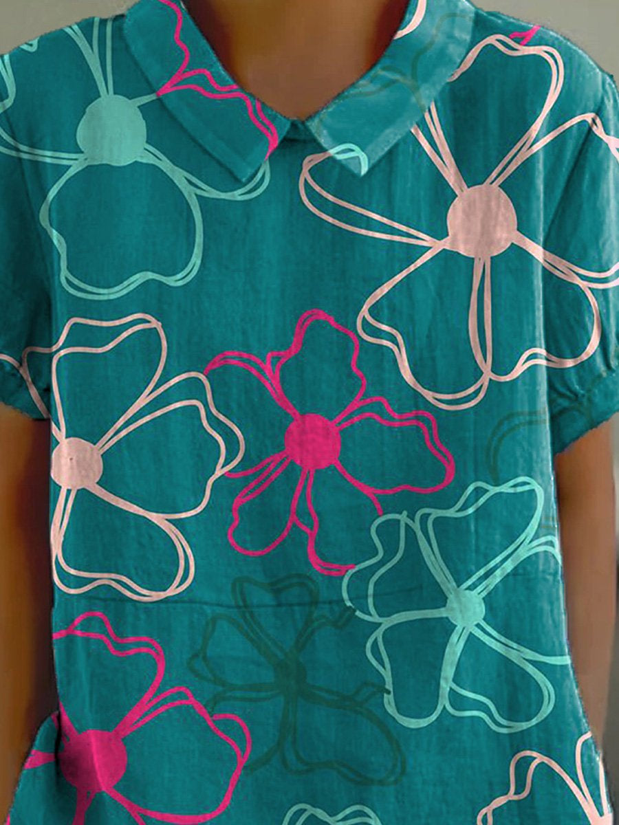Line Drawing Summer Floral Pattern Printed Women's Casual Cotton And Linen Shirt