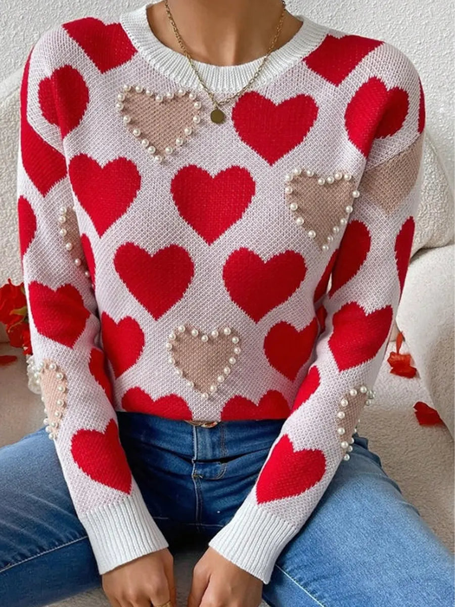 Women's Hearts Valentine's Day Pattern Art Print Casual Cotton Sweater