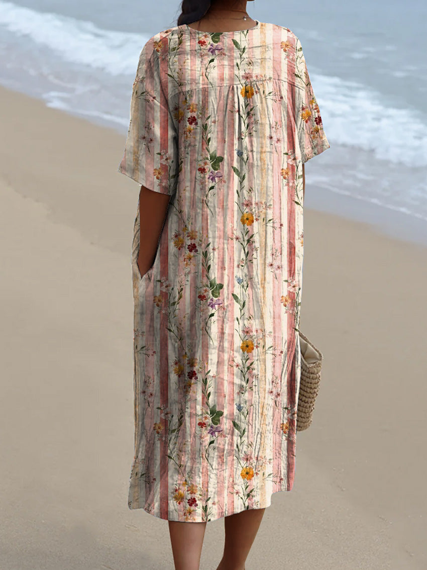 Watercolor Plum Blossom Floral Pattern Printed Women's Flowy Dress