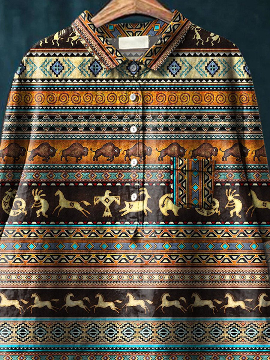 African Tribal Pattern Printed Women's Casual Cotton And Linen Shirt