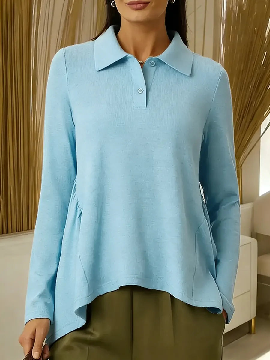 Women's Solid Color Shirt Collar Long-sleeved Casual Loose Top With Irregular Hem.