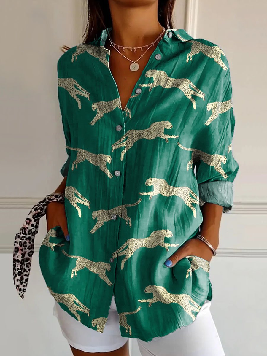 Women's Vintage Lovely Leopard Art Print Casual Cotton Shirt