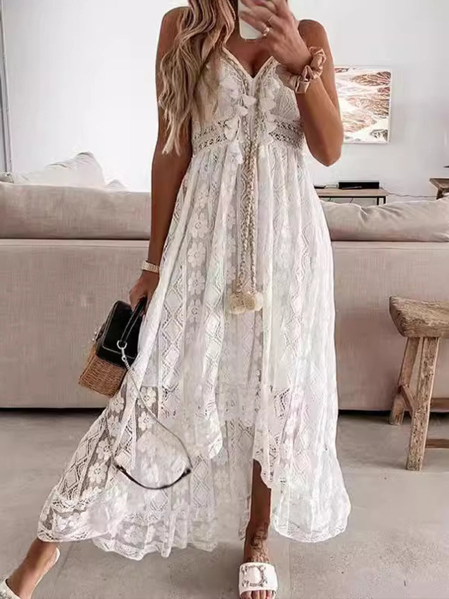 Women's Lace Strapless Full-Skirted Solid Color Long Dress