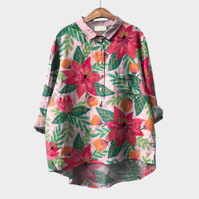 Vintage Print Blouse for Women Spring Autumn Linen Cotton Long Sleeve Button-Up Shirt with Pockets