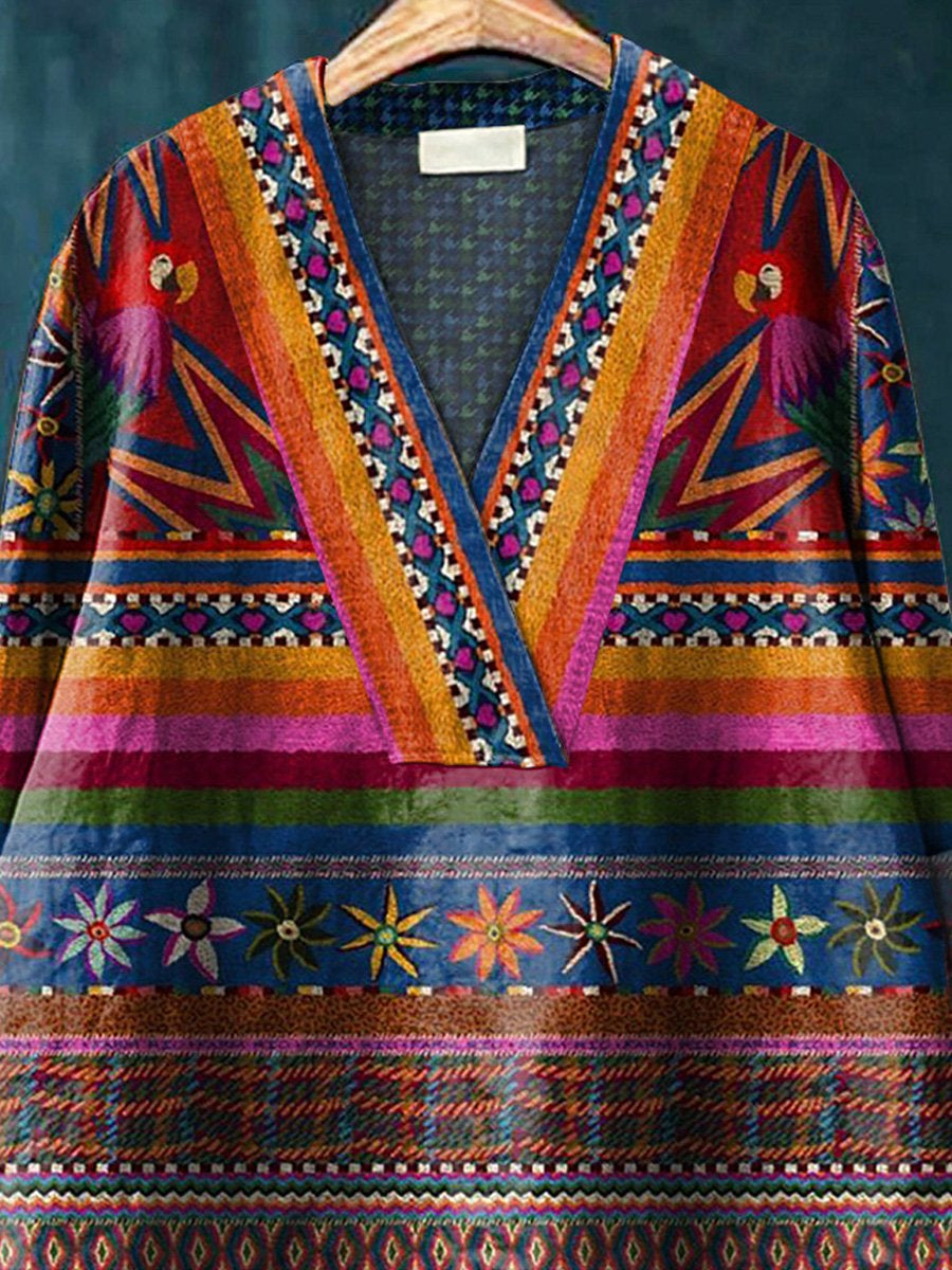 Multicolor Ethnical Style Pattern Printed Women's Casual Cotton And Linen V-neck Shirt