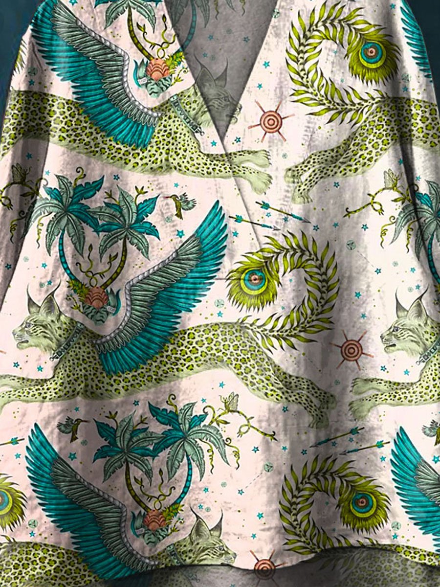 Women's Vintage Lovely Floral Leopard Art Print Casual Cotton And Linen V-neck Shirt