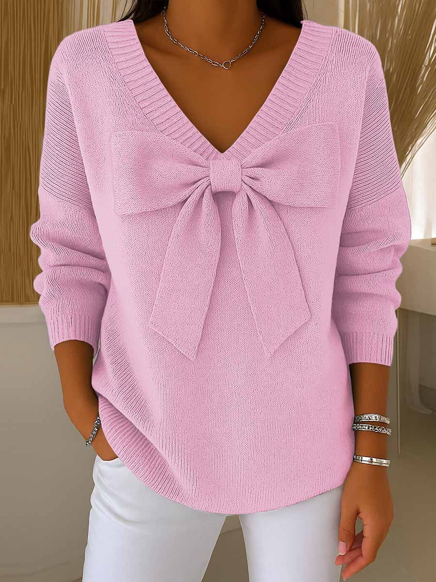 Women's Solid Color Bowknot V-Neck Long Sleeve Casual Sweater