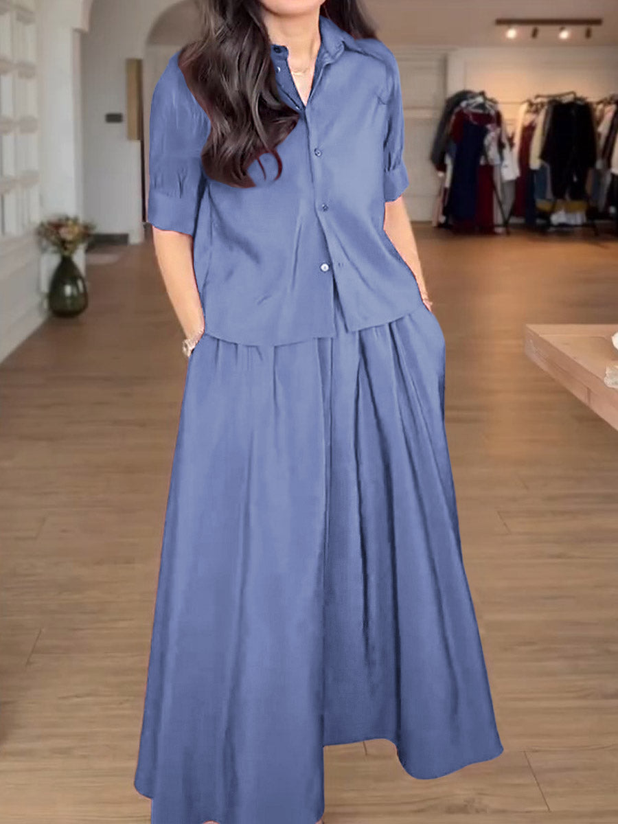 Women's Solid Color Lapel Short Sleeve Shirt Elastic Waist Casual A-Line Skirt Suit