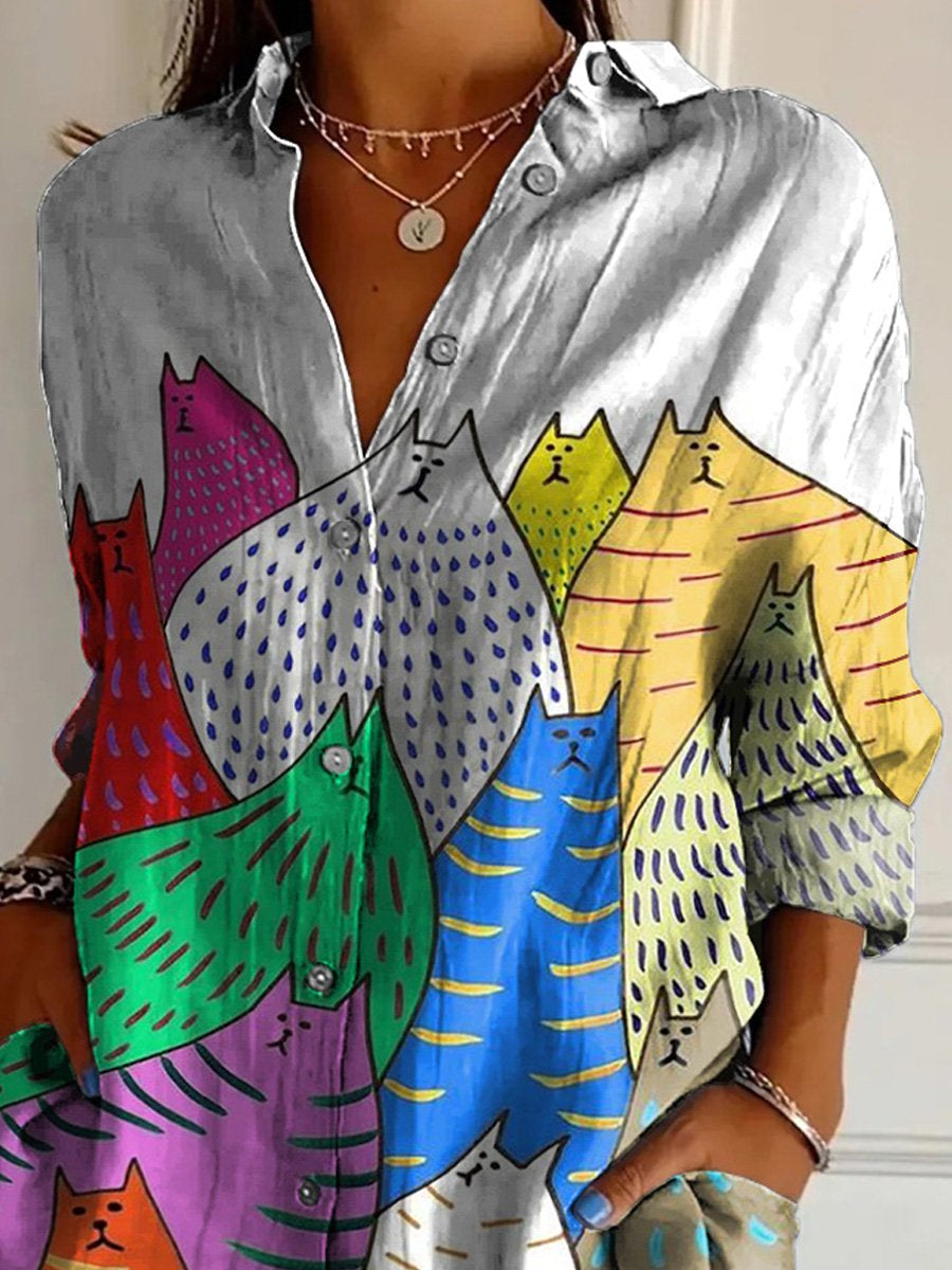 Cartoon Cats Graphic Printed Women's Casual Cotton Shirt