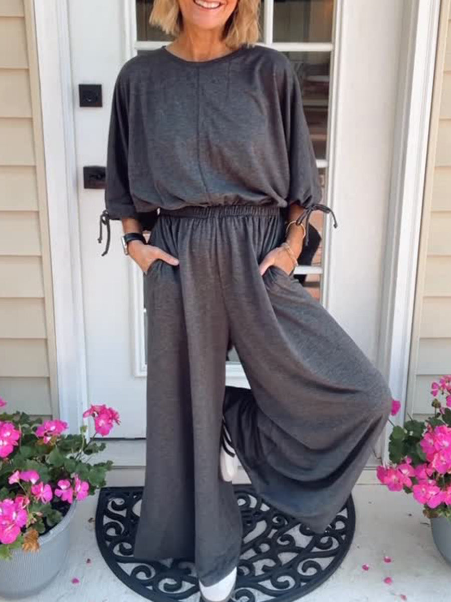 Women's Soft Cotton Casual Cuff Tie Solid Color Jumpsuit