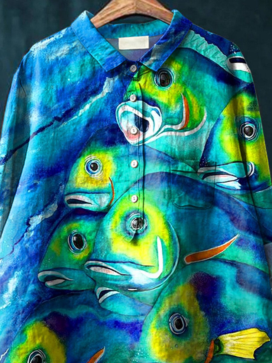 Watercolor Fish Migration Art Printed Women's Casual Cotton And Linen Shirt
