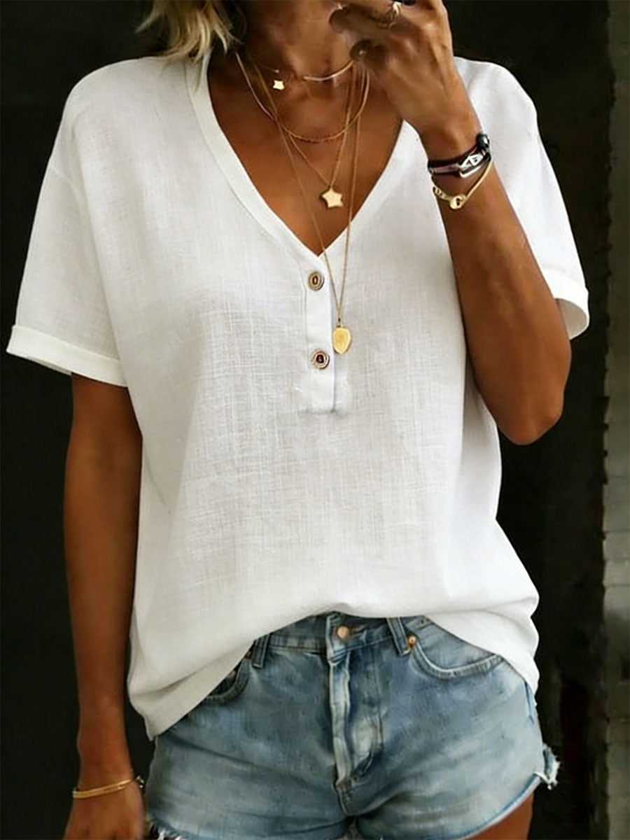 Women's V-neck Chest Pocket 100% Cotton Short-sleeved T-shirt