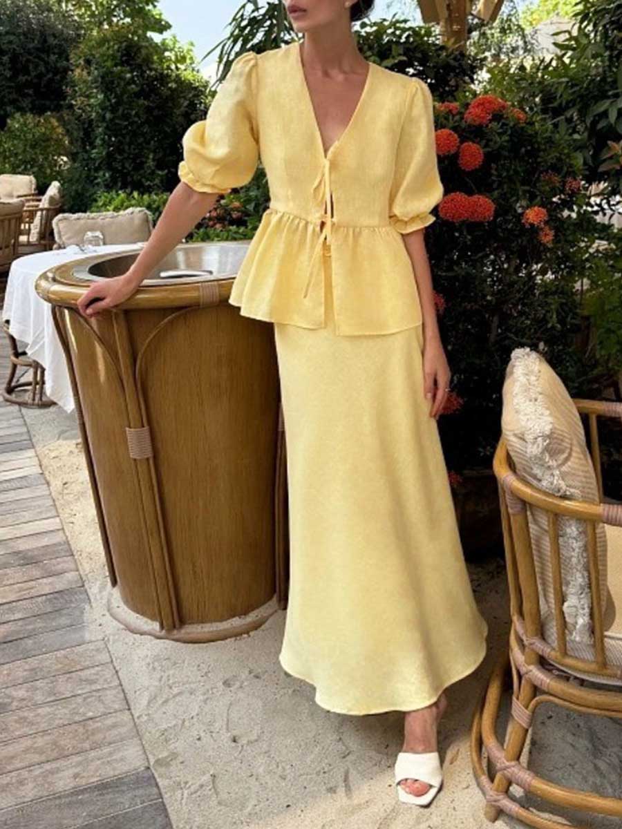 Women's Solid Color Casual Loose Stylish Cotton Ruffled Short Sleeve Top Skirt Set