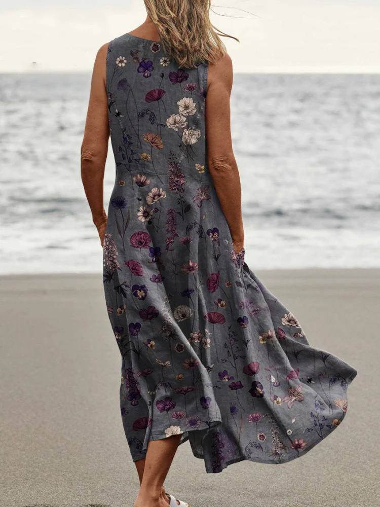 Women's  Floral Art Print Pocket Pinafore Linen Dress