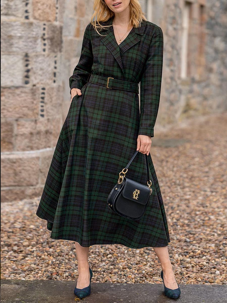 Women's Plaid Print Suit Collar Long Sleeve Casual Loose A-Line Dress