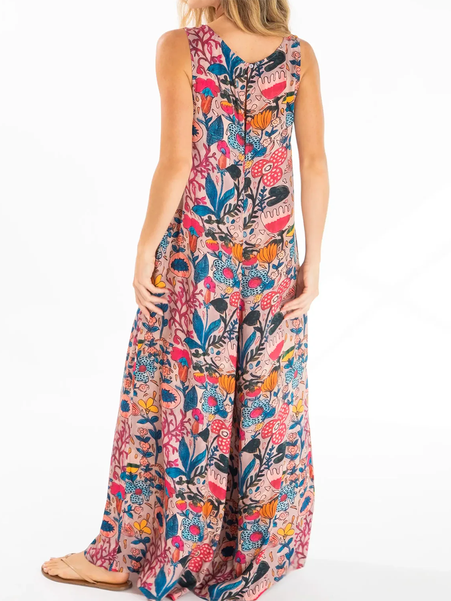 Floral Print Cotton Loose-fitting Jumpsuit