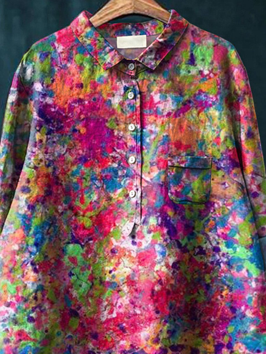Colorful Paint Splash Pattern Printed Women's Casual Cotton And Linen Shirt