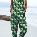 Women's Abstract Cute Flower Art Print Casual 100% Cotton Wide Leg Jumpsuit