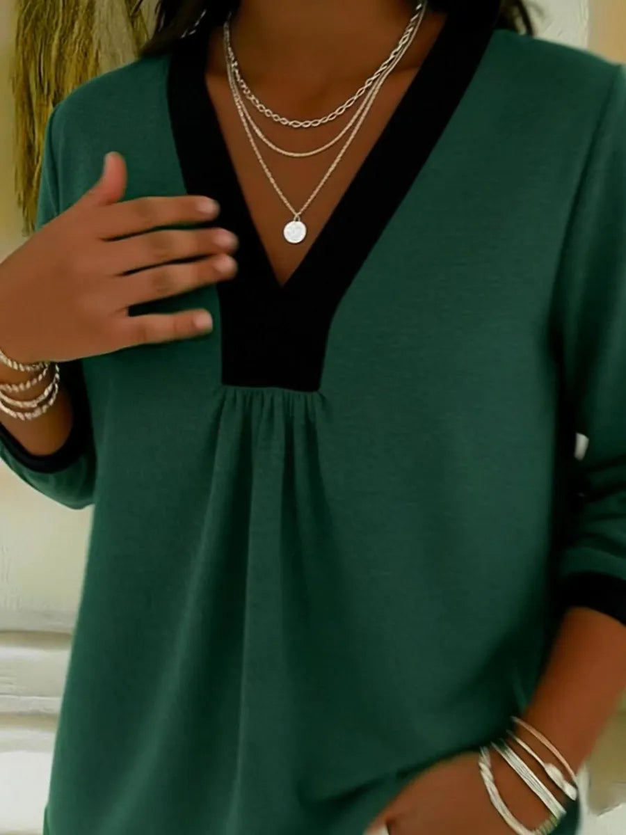 Casual Color-block V-neck Cotton Shirt Top