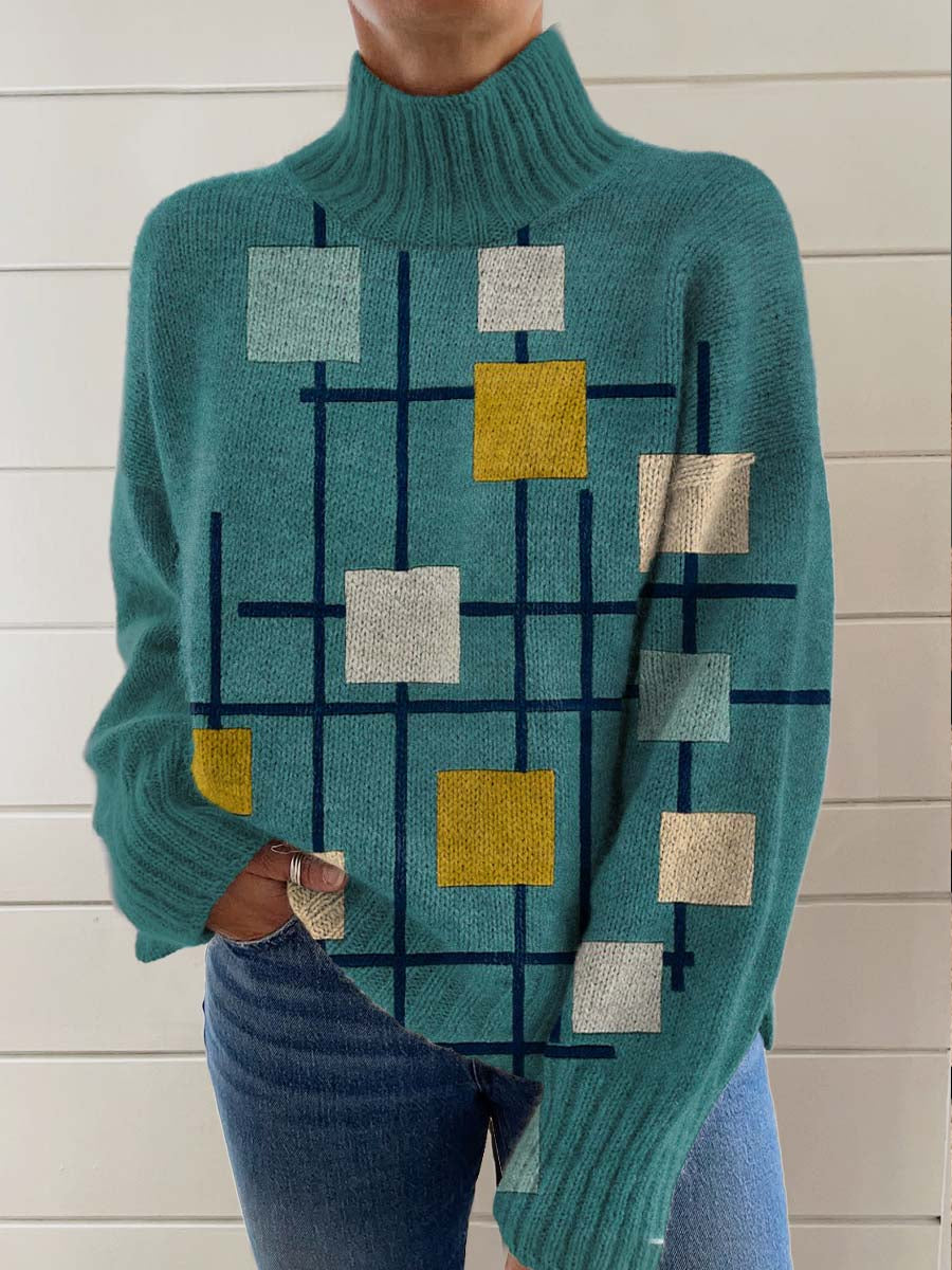 womens-abstract-geometric-pattern-art-print-knit-turtleneck-pullover-sweater-815n