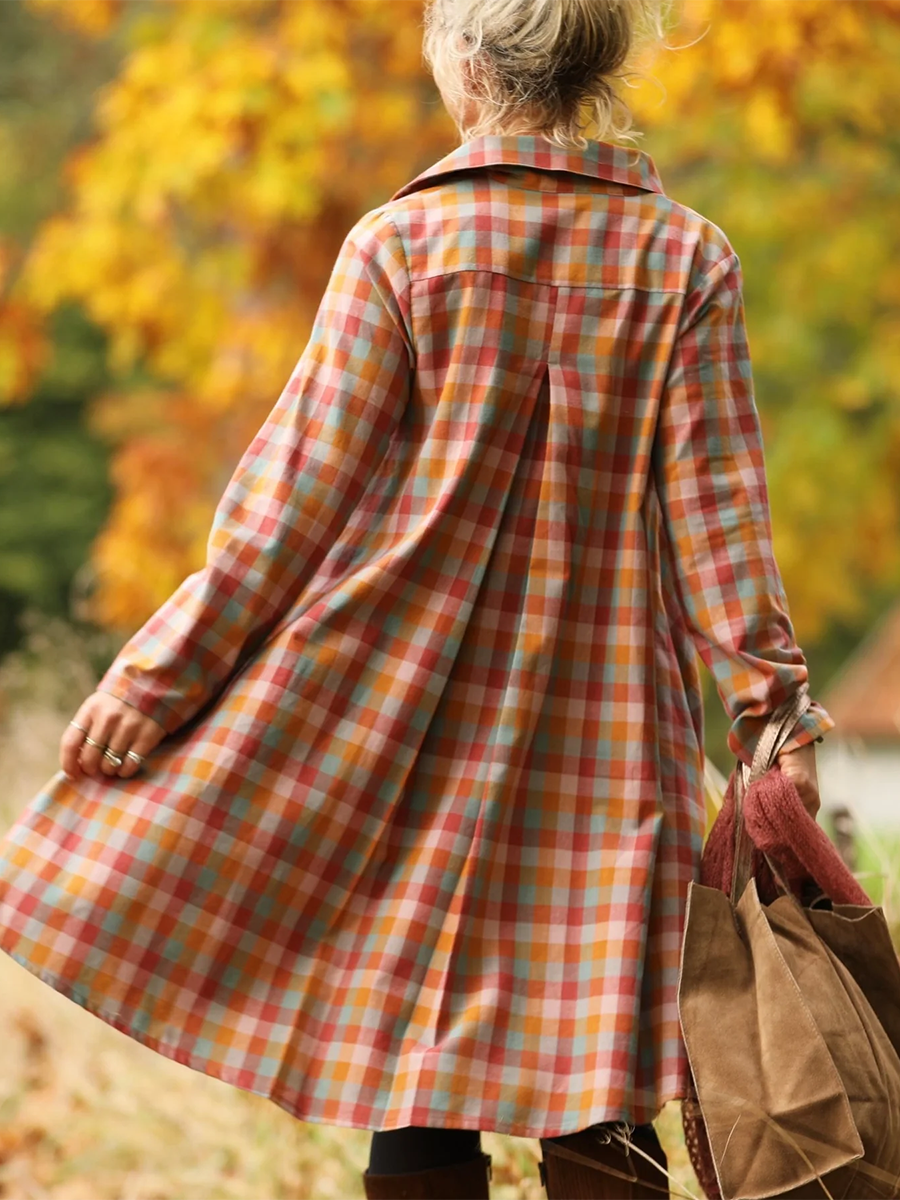 Retro Autumn and Winter Contrast Plaid Lapel Dress