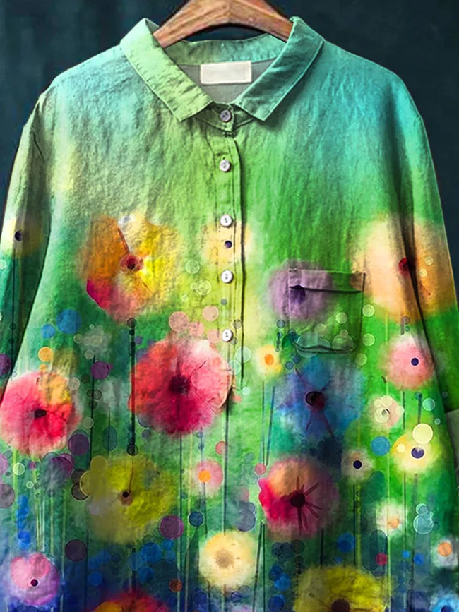 Vibrant Summer Floral Garden Printed Women's Casual Cotton And Linen Shirt