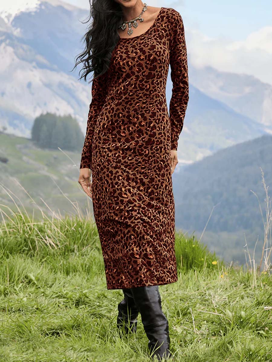 Women's Leopard Print Crew Neck Long Sleeve Casual Long Dress