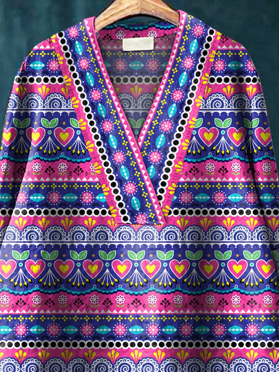 Lovely Ethnic Style Pattern Printed Women's Casual Cotton And Linen V-Neck Shirt