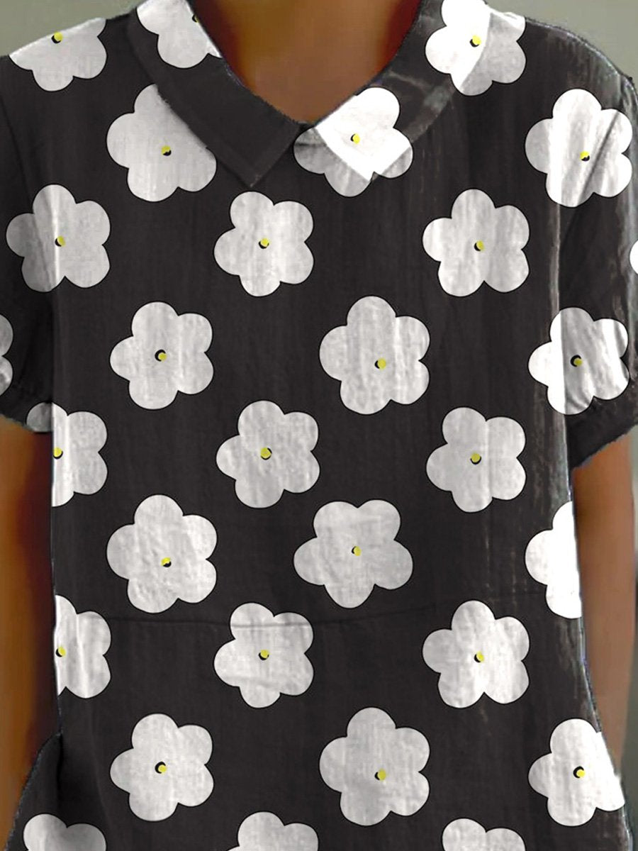 Spring Daisy Floral Pattern Printed Women's Casual Cotton And Linen Shirt