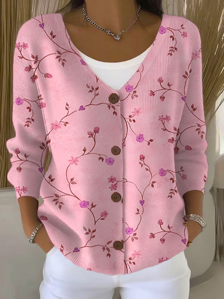 colorful-flower-vine-print-buttoned-v-neck-cardigan-sweater