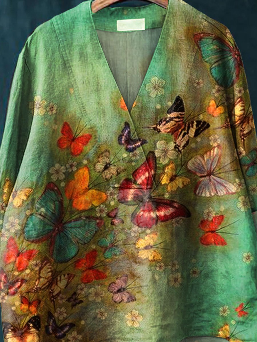 Women's Butterfly Print Casual Cotton And Linen V-neck Shirt