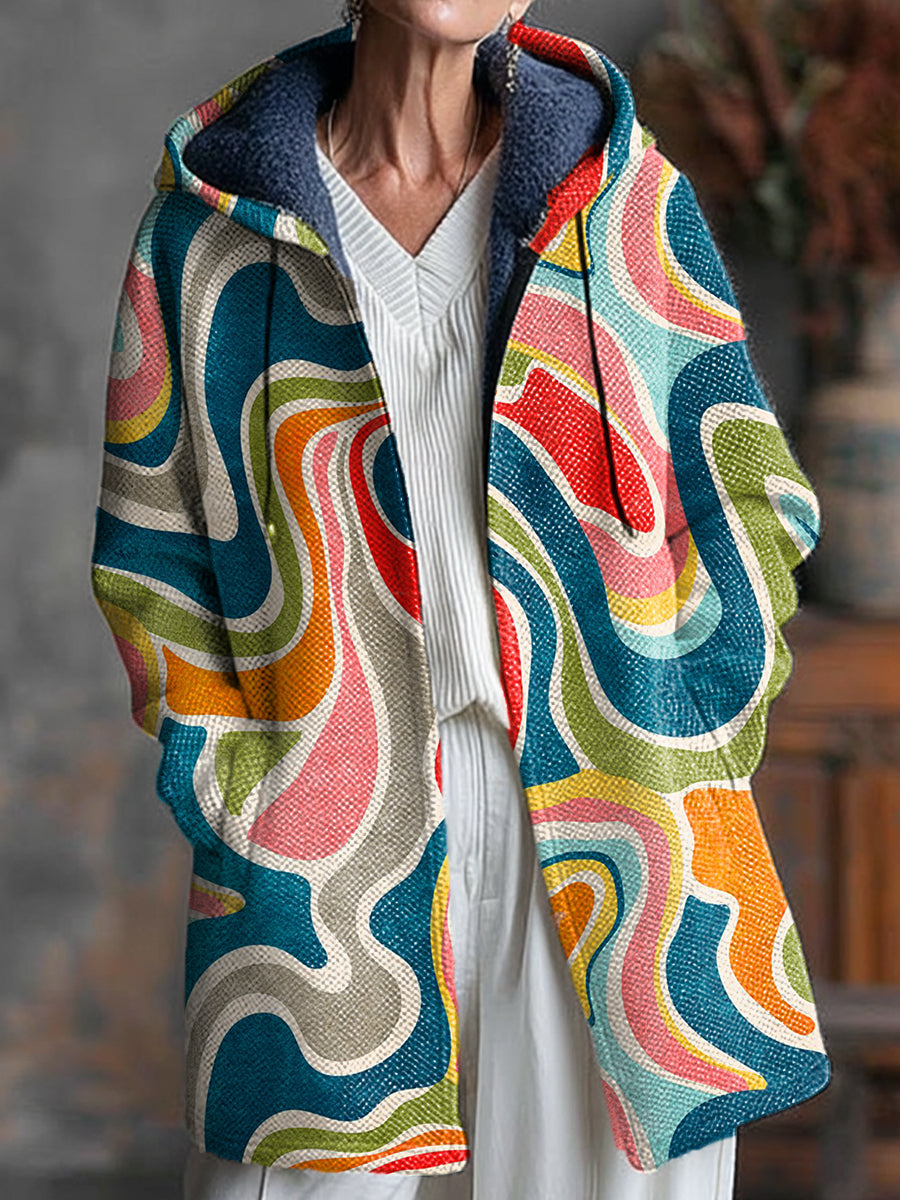 Abstract Colorful Wave Painting Art Print Unisex Plush Thick Long-Sleeved Sweater Cardigan Coat