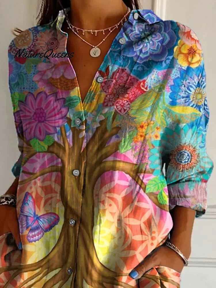 Tree Of Life Art Printed Women's Casual Cotton Shirt