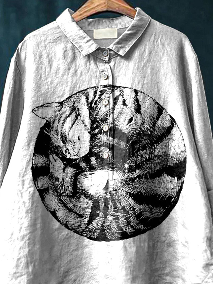 Lovely Sleepy Cat Graphic Printed Women's Casual Cotton And Linen Shirt