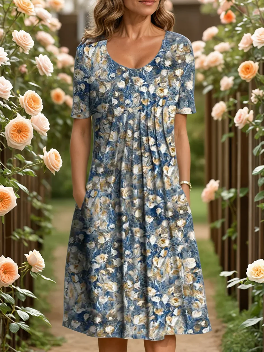 Elegant Floral Print Pleated Pocket Dress