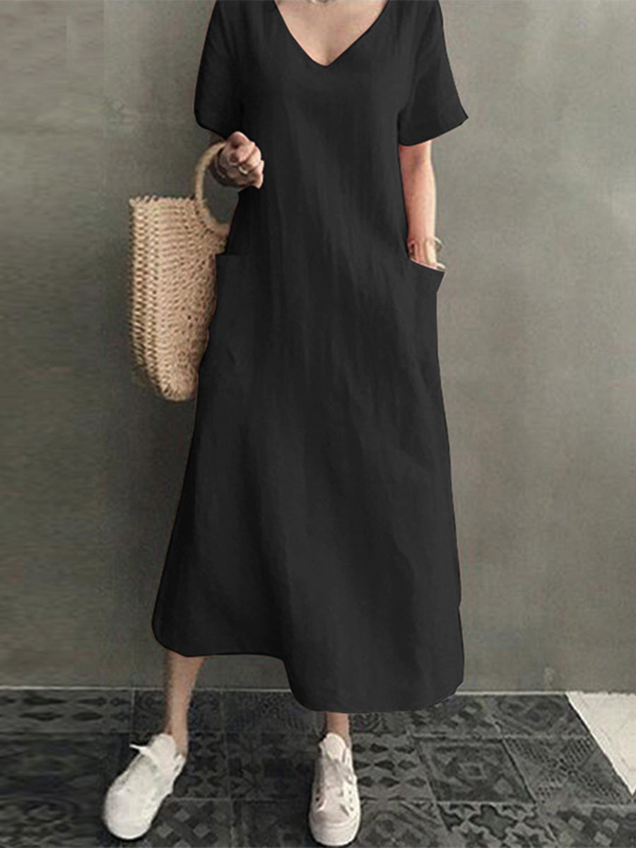 Women's Solid Color V-Neck Short Sleeve Casual Pocket Cotton and Linen Dress