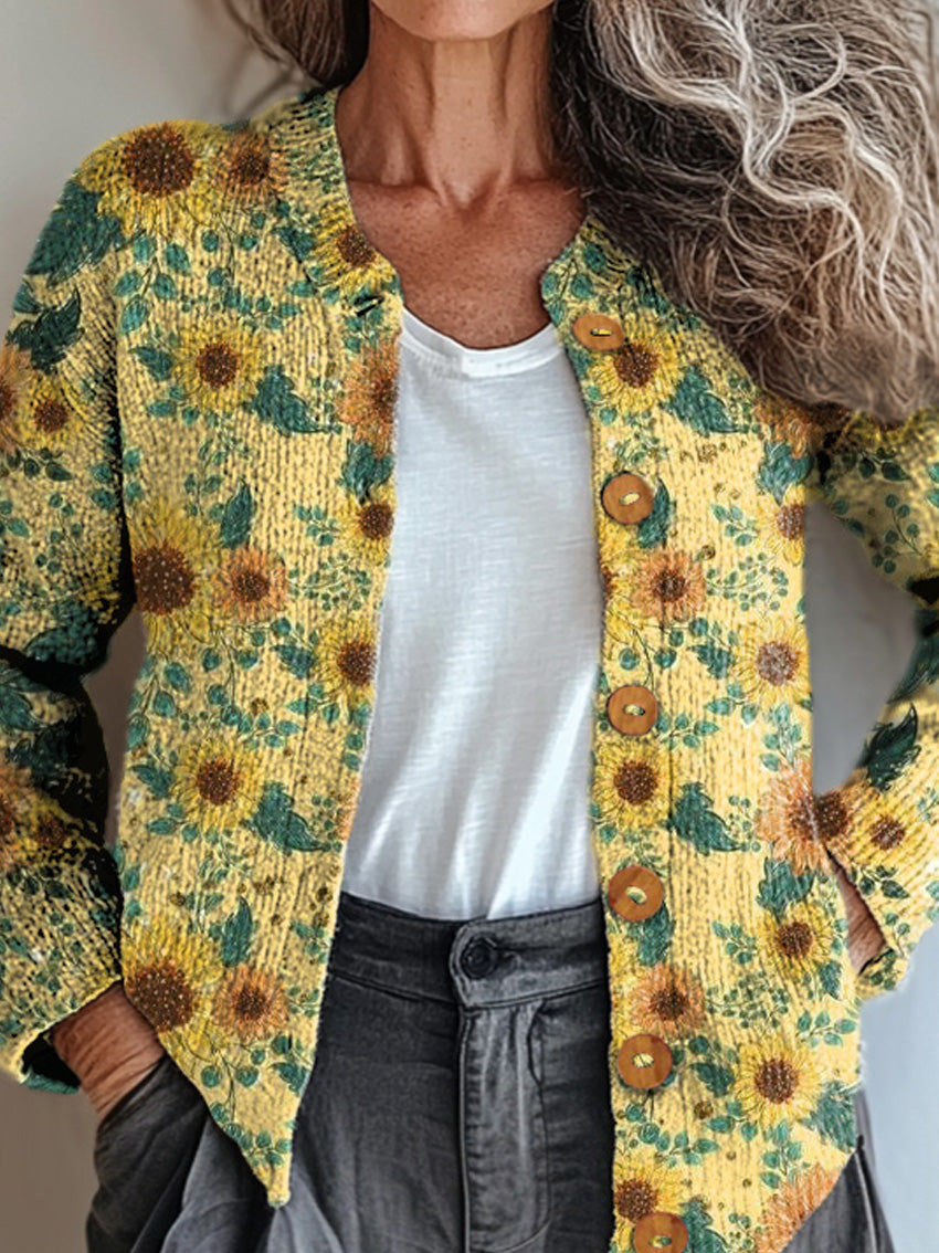 Watercolor Sunflower Pattern Printed Buttoned Cardigan Sweater