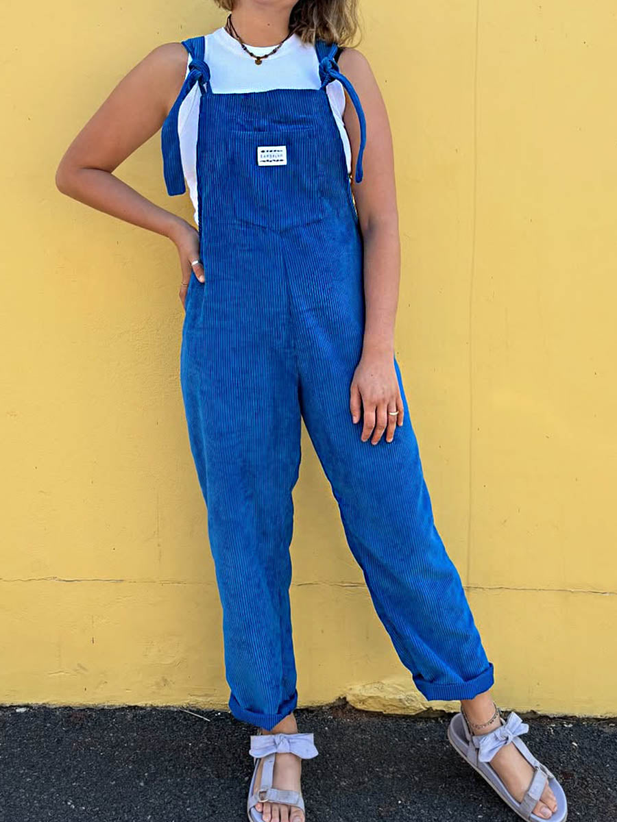 Women's Solid Color Casual Loose Lace-Up Corduroy Jumpsuit