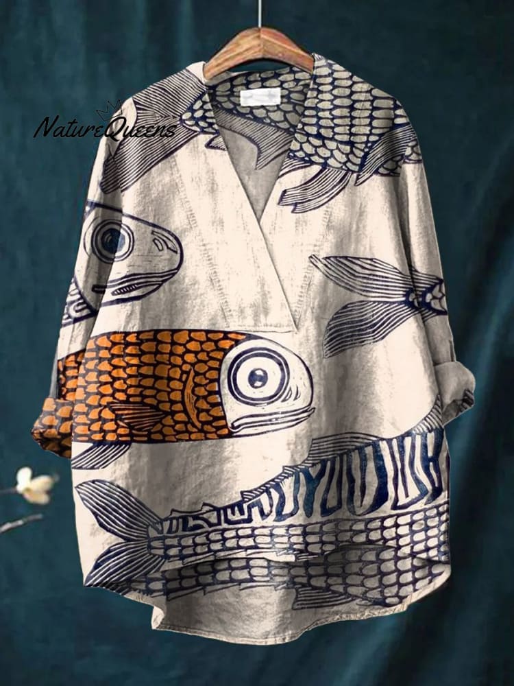 Women's Abstract Art Big-eyed Fish Print Casual Cotton And Linen V-neck Shirt