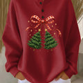 Women's Vintage Christmas Tree Art Print Casual Waffle Henry Collar Sweatshirt