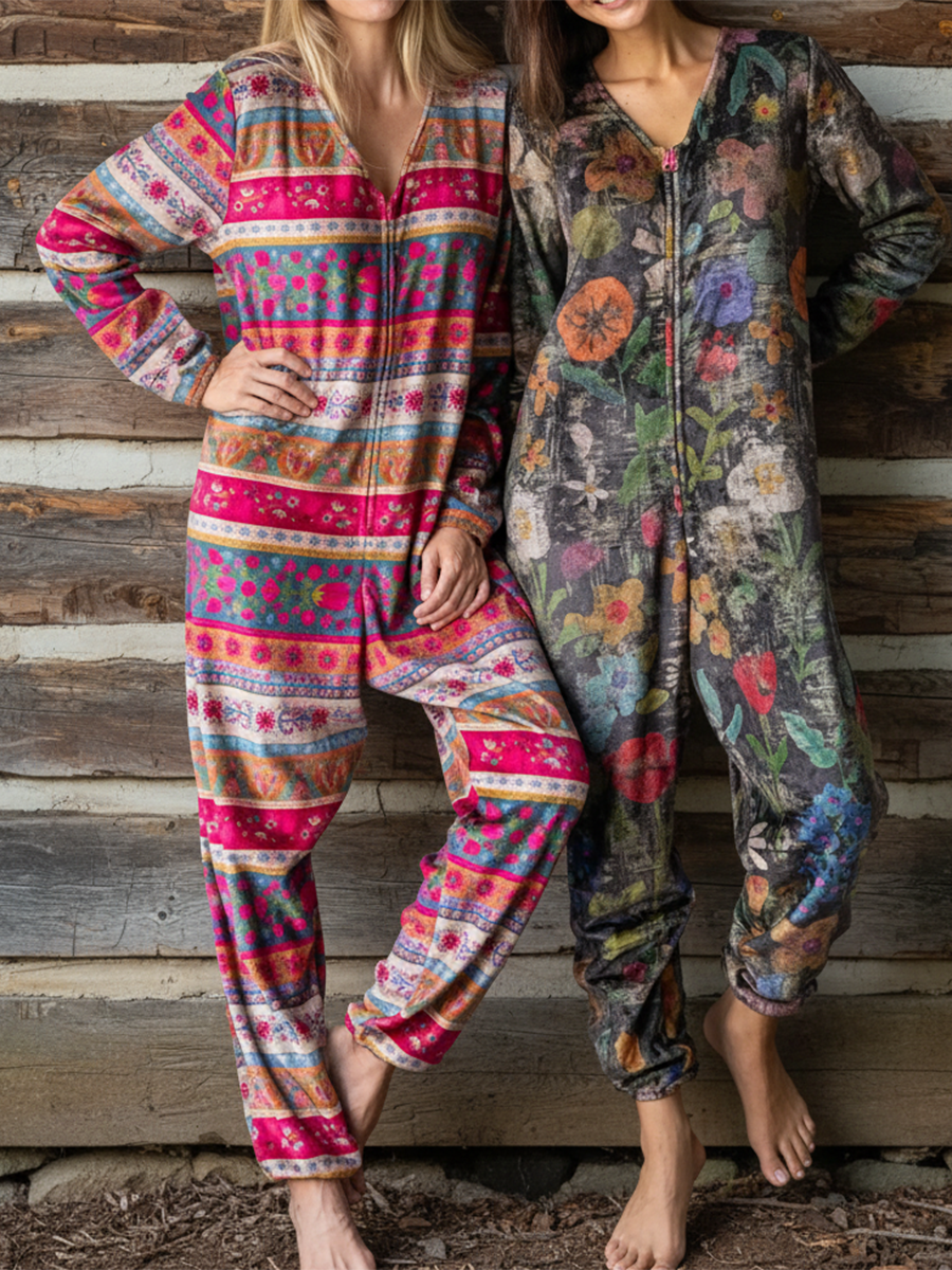 Soft and Comfortable Floral Print V-neck Zip-up Jumpsuit