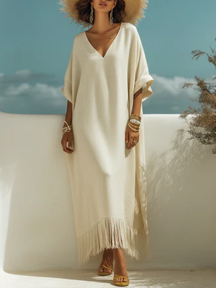 Women's Solid-color V-neck 3/4-sleeve Casual Loose Cotton-linen Dress